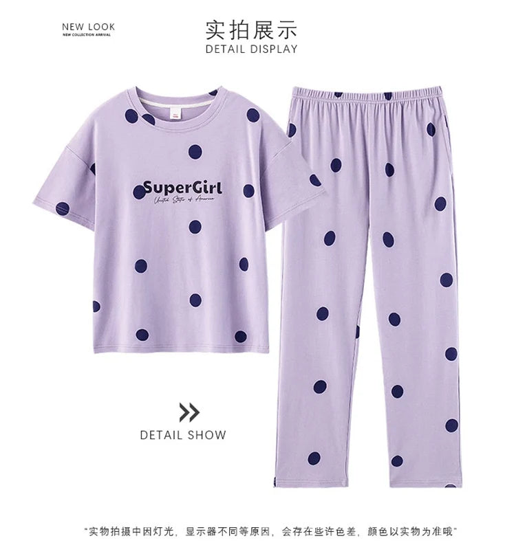 2024 Summer 100% Cotton Short Sleeve Long Pants Pajama Sets for Women Korean Cute Sleepwear Homewear Pijama Mujer Home Clothes