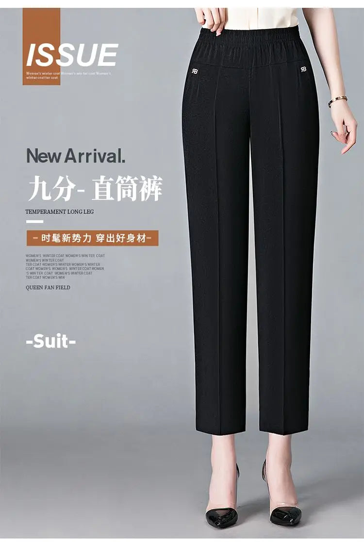 Vintage Loose Straight Pants Spring Summer Thin Women Streetwear Office Lady Casual Elastic High Waist Cropped Trousers 5XL