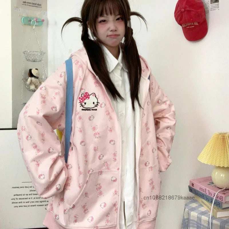 Sanrio Hello Kitty Cute Cat Hoodie Women's Autumn Winter New Loose Lazy Cardigan Japanese Style Y2k Sweet Soft Girl Trendy Coat