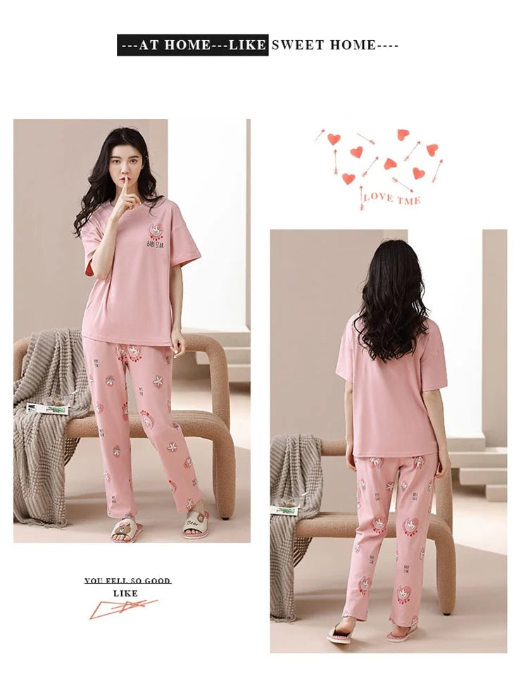 2024 Summer 100% Cotton Short Sleeve Long Pants Pajama Sets for Women Korean Cute Sleepwear Homewear Pijama Mujer Home Clothes