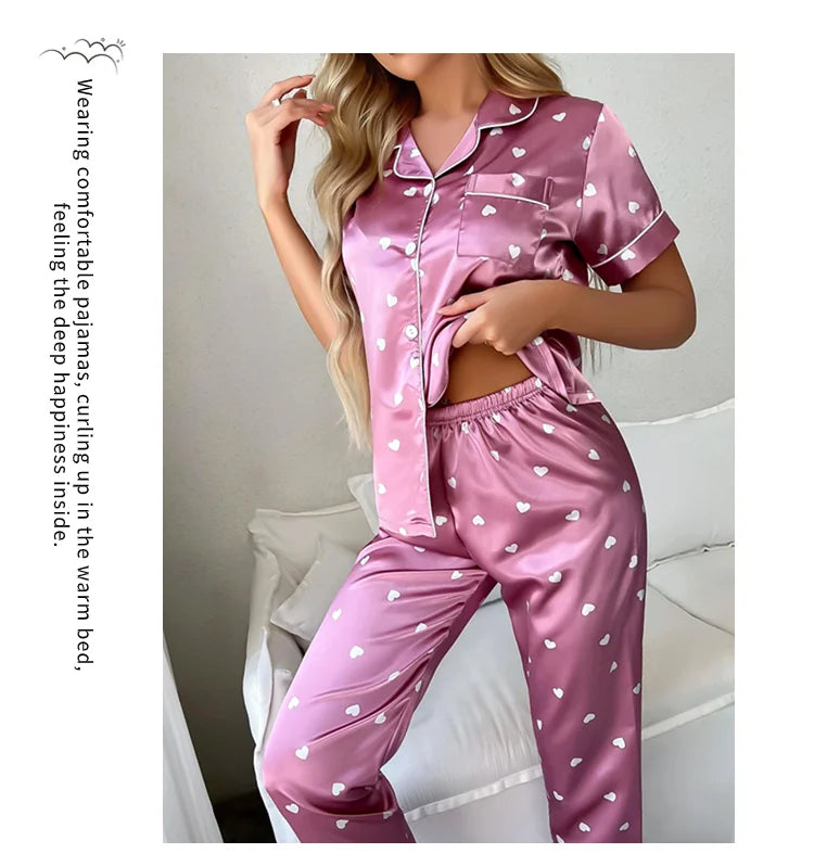 Women's Sleepwear Heart Print Satin Pajama Set Casual Short Sleeve Buttons Lapel Top & Pants Pajamas Soft Home Clothing Pyjamas