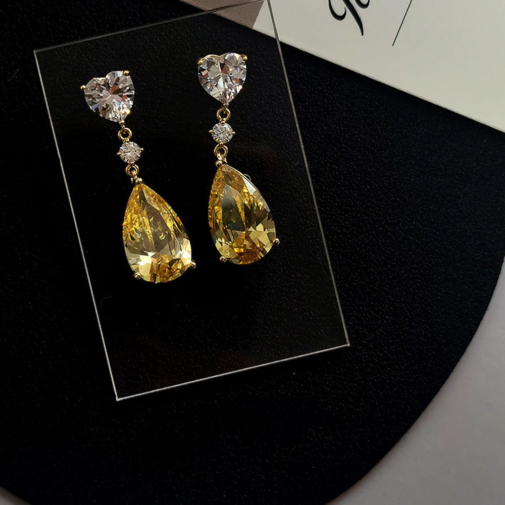 Huitan 2022 New Bridal Wedding Earrings Luxury Yellow Water Drop Cubic Zirconia Heart Dangle Earrings for Women Fashion Jewelry