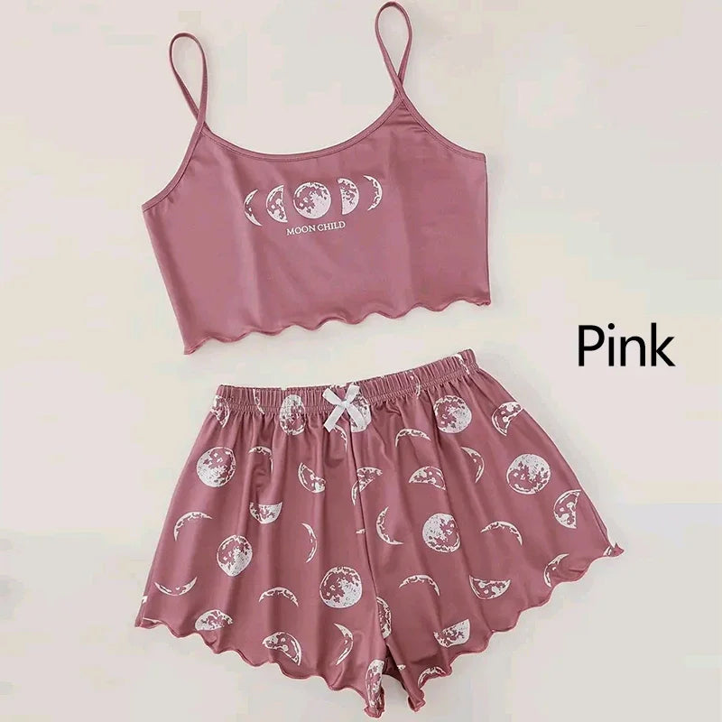 New Women Pajamas Sleepwear Pajama Set Good Dream Camisole And Shorts Pink Moon And Planet Print Summer Soft Comfortabl Homewear