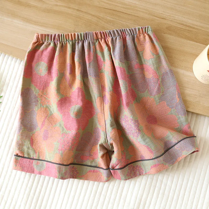 2024 New Summer Women's Pajamas 100% Cotton Shorts Yarn-dyed Jacquard Shorts Women's Loose Home Pants Thin Home Pants Pajamas