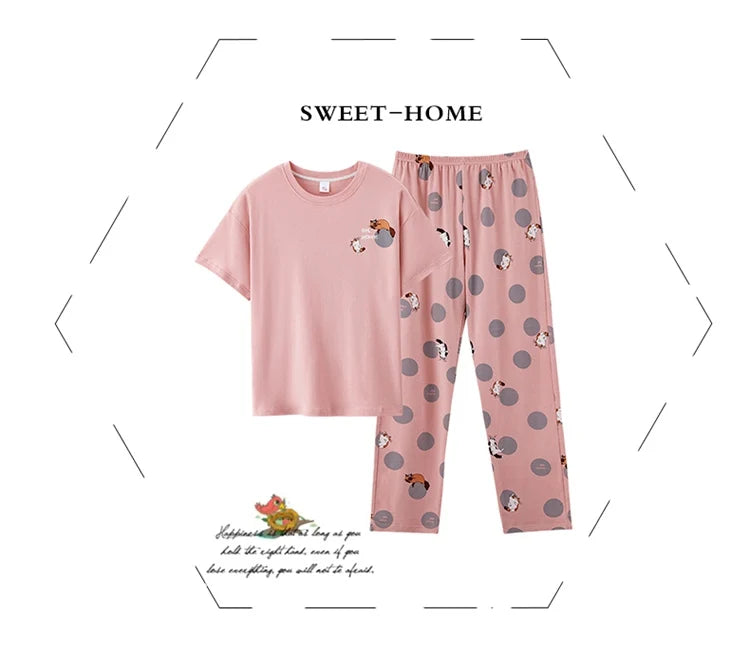 2024 Summer 100% Cotton Short Sleeve Long Pants Pajama Sets for Women Korean Cute Sleepwear Homewear Pijama Mujer Home Clothes