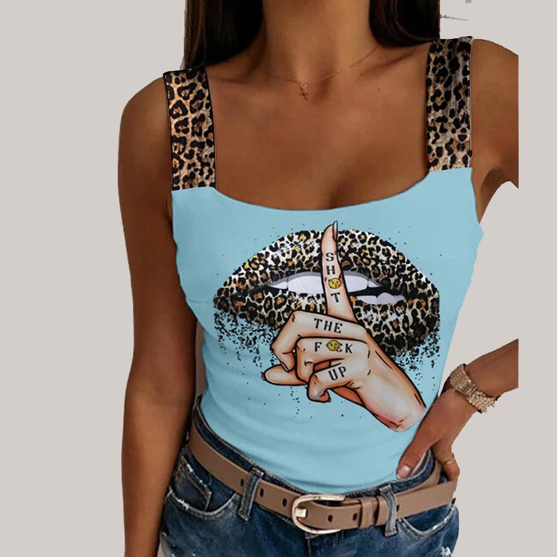 Sexy Tank Tops Women's Leopard Lips Print Sleeveless Crop Tops Fashion Party Club Summer Sleeveless Streetwear Bustier Tops