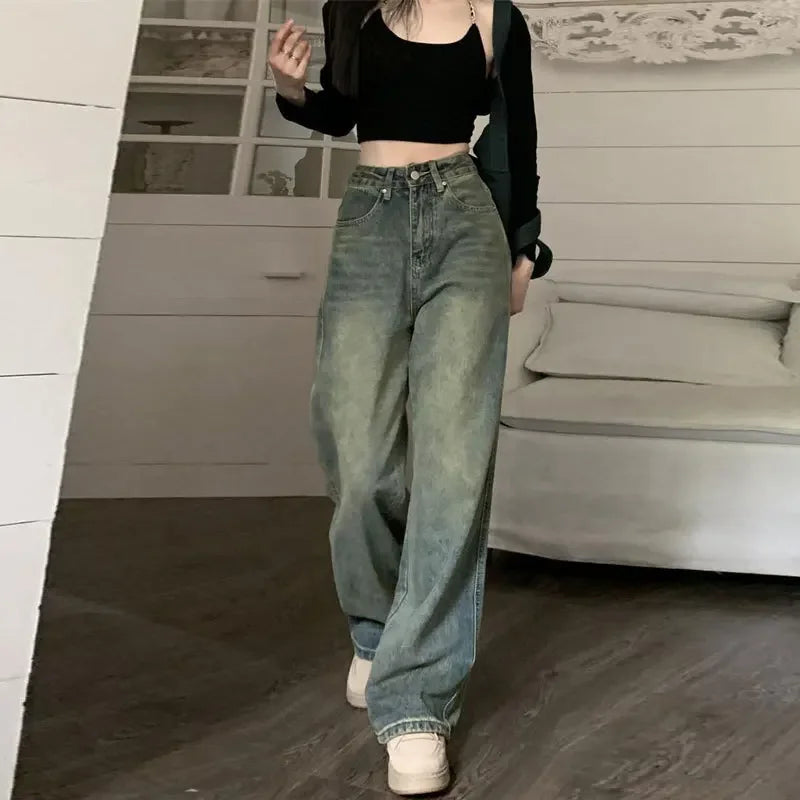 Vintage 90S Baggy Straight Denim Trousers Female Y2K High Waist Loose Wide Leg Jeans Women Streetwear All-Match Casual Pants New