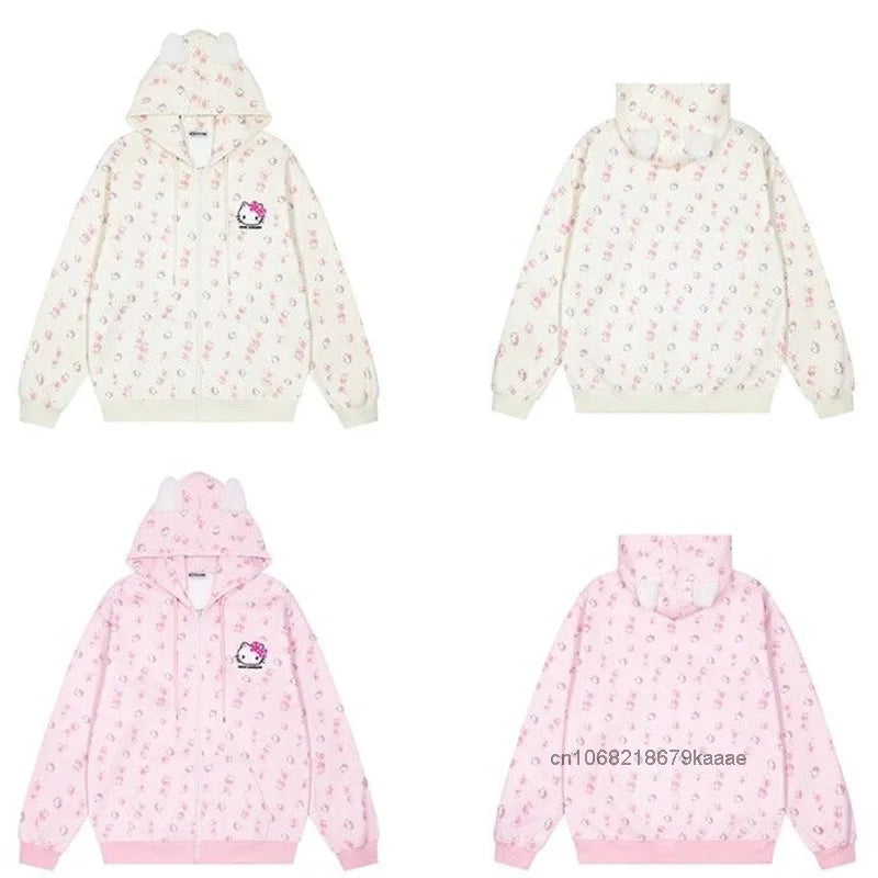 Sanrio Hello Kitty Cute Cat Hoodie Women's Autumn Winter New Loose Lazy Cardigan Japanese Style Y2k Sweet Soft Girl Trendy Coat