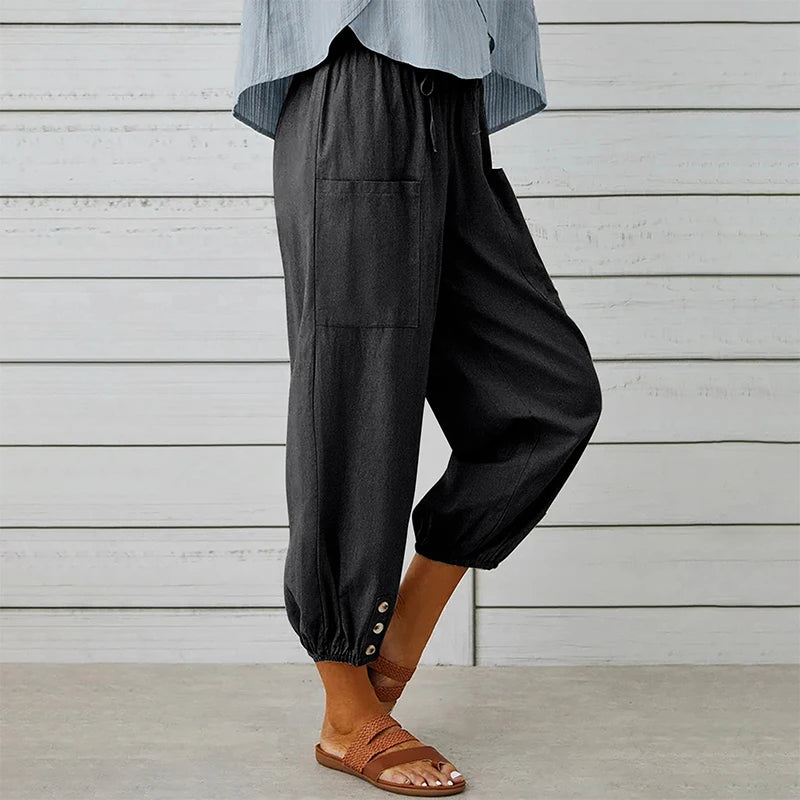 S-5XL Size Summer Loose Cotton And Linen Female Cropped Pants High Waist Korean Solid Casual Flax Wide Leg Pants Trousers