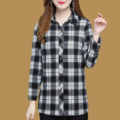 Primavera Autunno Elegante Moda Harajuku Plaid Top Donna Allentato Casual Tutto Match Camicia da donna Polo Colletto con bottoni Manica lunga Blusa