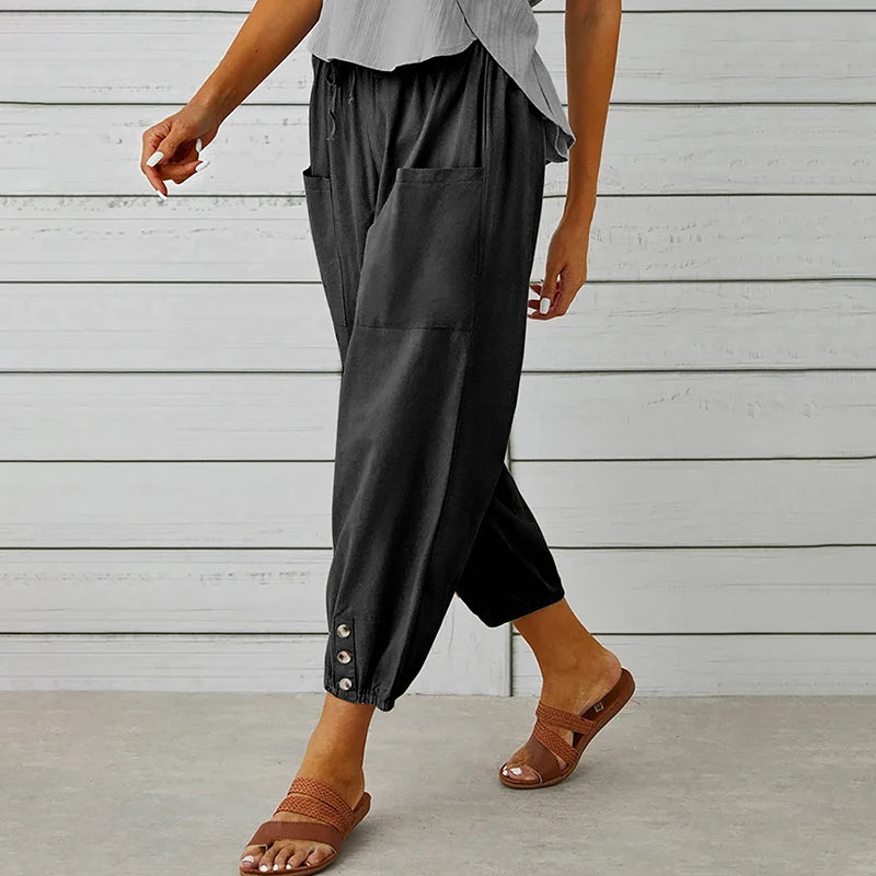 S-5XL Size Summer Loose Cotton And Linen Female Cropped Pants High Waist Korean Solid Casual Flax Wide Leg Pants Trousers