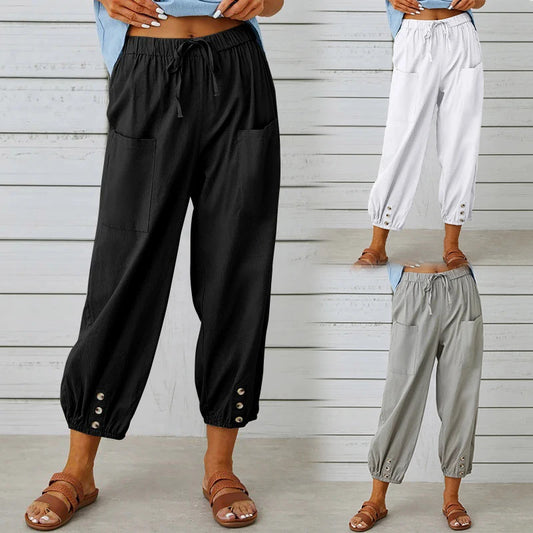 S-5XL Size Summer Loose Cotton And Linen Female Cropped Pants High Waist Korean Solid Casual Flax Wide Leg Pants Trousers