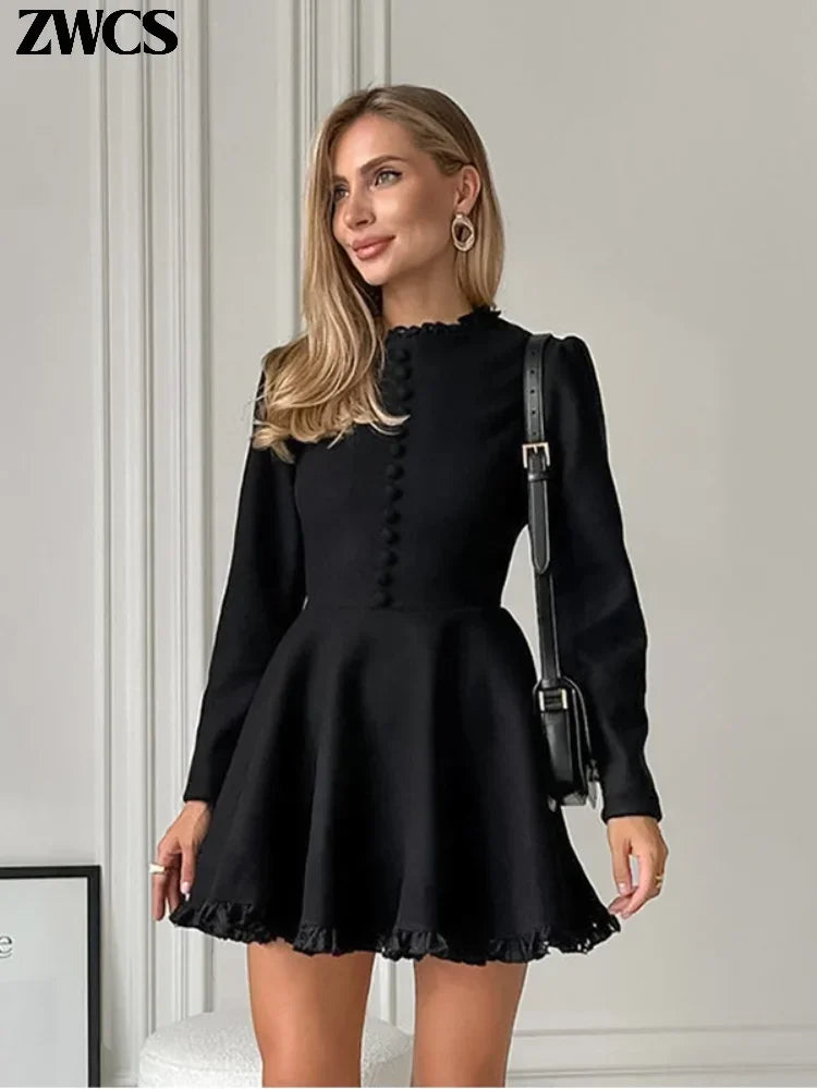 Ruffles Stand Collar Dress Women Black Long Sleeve Single Breasted Mini Dresses 2024 Autumn Ladies New Prom Robes