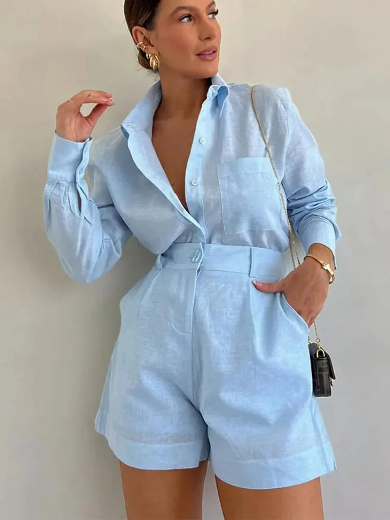 Fashion Women's Sets Button Pockets Lapel Shirt Short Pant Elegant Long Sleeves 2 Pieces 2024 Vacation Solid Shorts Blouse Sets