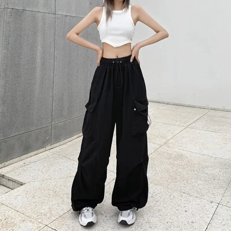 Women Long Cargo Pants Summer Elastic Waist Pocket Baggy Straight Loose Pants Casual Women Korean Trousers CDPF-WYP-51