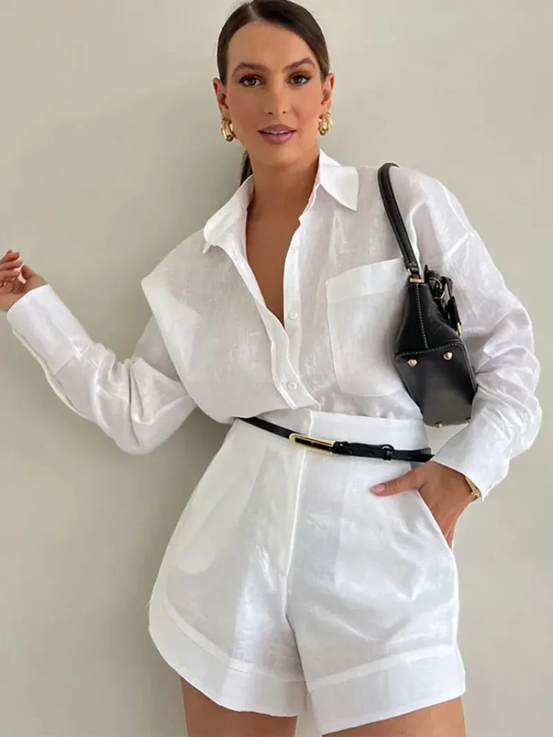 Fashion Women's Sets Button Pockets Lapel Shirt Short Pant Elegant Long Sleeves 2 Pieces 2024 Vacation Solid Shorts Blouse Sets