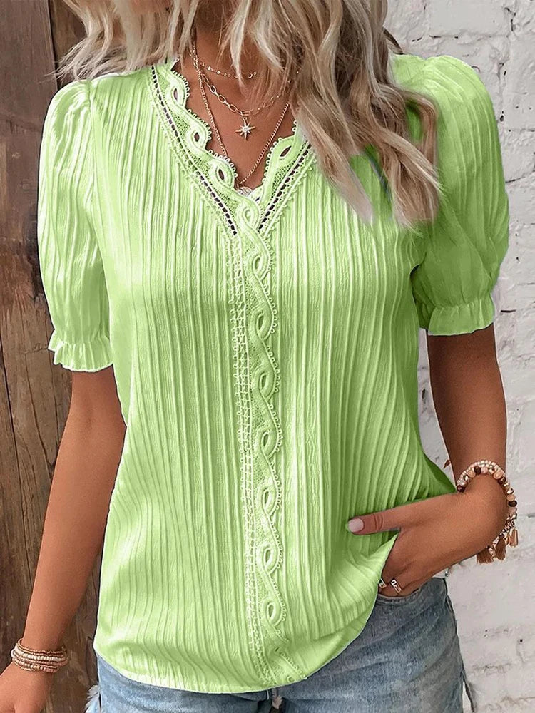 Women's Summer New Top 2024 Solid Sexy V-Neck Hollow Short Sleeve