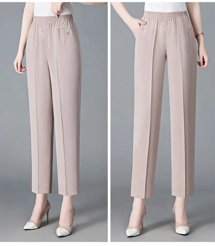 Vintage Loose Straight Pants Spring Summer Thin Women Streetwear Office Lady Casual Elastic High Waist Cropped Trousers 5XL