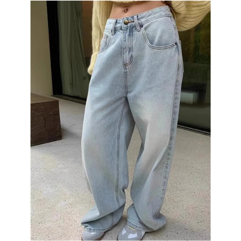 Blue Jeans Women High Waist American Plus Size Wide Leg Pants Vintage Straight Baggy Casual Denim Trousers Mom Oversize Pants