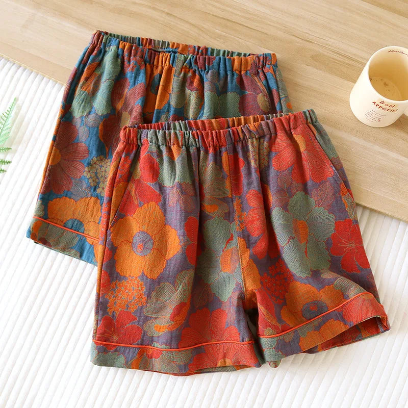 2024 New Summer Women's Pajamas 100% Cotton Shorts Yarn-dyed Jacquard Shorts Women's Loose Home Pants Thin Home Pants Pajamas