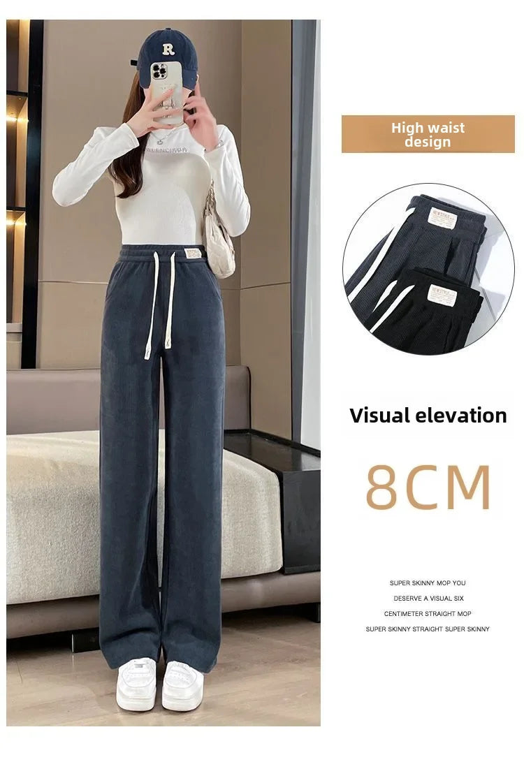 Fleece-lined Corduroy Bell Bottoms High-waisted Loose-fit Thickened Sport Casual Straight-leg Pants For Women