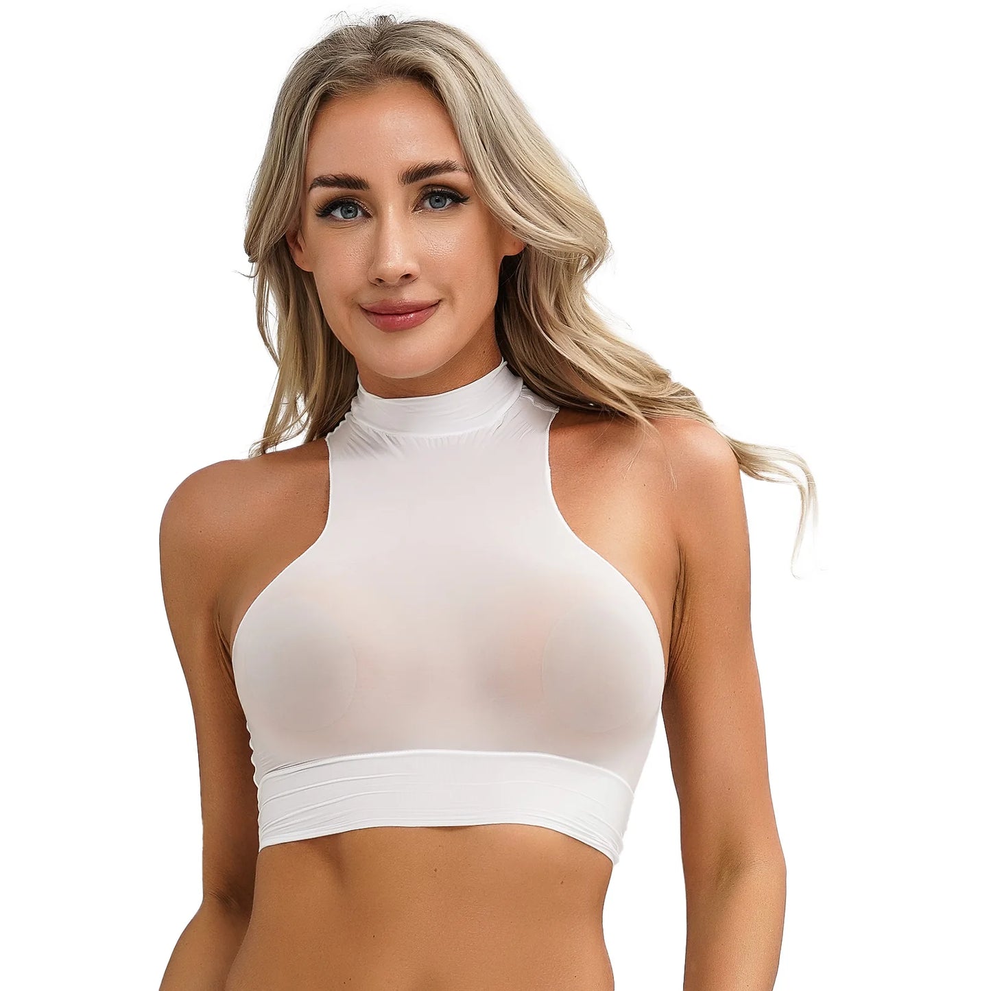 Womens Glossy Crop Tops Mock Neck Sleeveless Sheer See-Through Slim Fit Vest Tops for Swimwear Pool Party Clubwear Nightwear