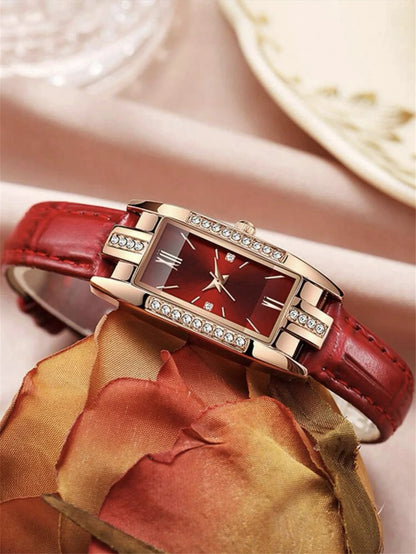 Women Rectangle Watches Ladies Business Green Leather Quartz Watch Womens Necklace Earrings Bracelet Wristwatch