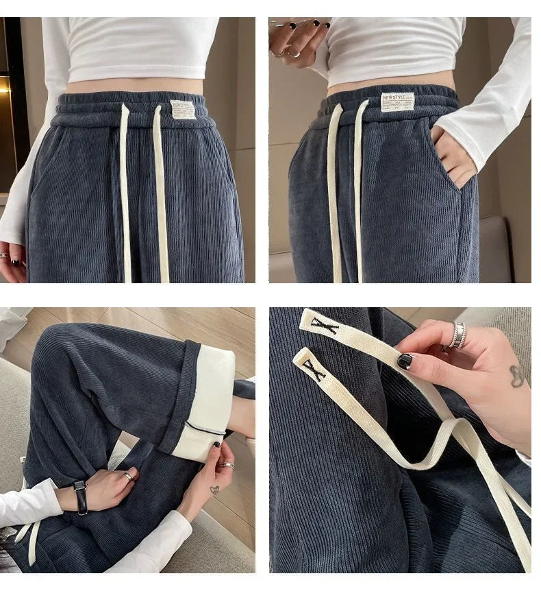 Fleece-lined Corduroy Bell Bottoms High-waisted Loose-fit Thickened Sport Casual Straight-leg Pants For Women