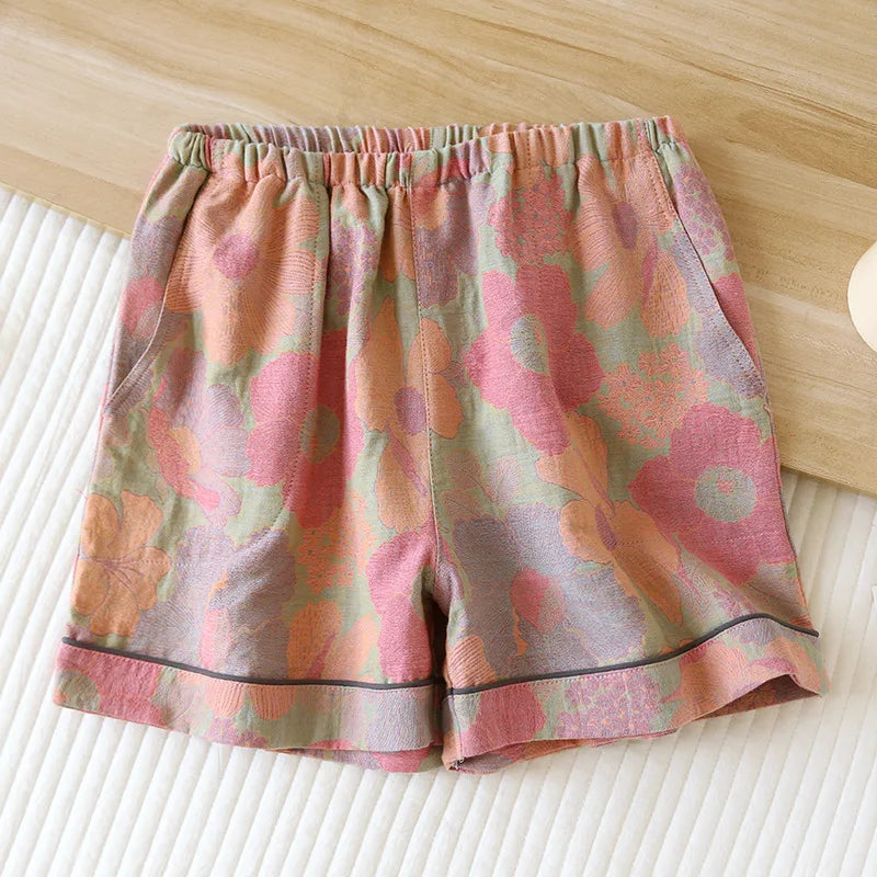 2024 New Summer Women's Pajamas 100% Cotton Shorts Yarn-dyed Jacquard Shorts Women's Loose Home Pants Thin Home Pants Pajamas