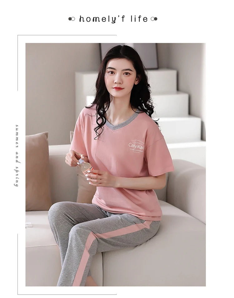 2024 Summer 100% Cotton Short Sleeve Long Pants Pajama Sets for Women Korean Cute Sleepwear Homewear Pijama Mujer Home Clothes