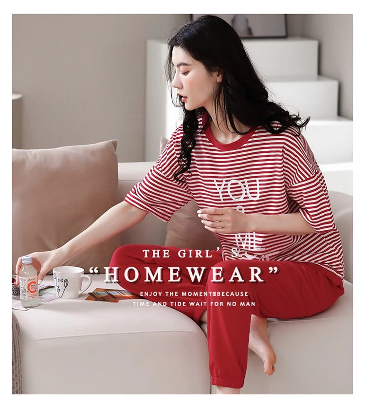 2024 Summer 100% Cotton Short Sleeve Long Pants Pajama Sets for Women Korean Cute Sleepwear Homewear Pijama Mujer Home Clothes