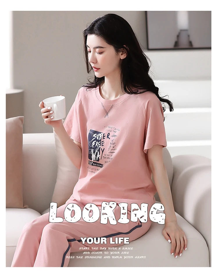 2024 Summer 100% Cotton Short Sleeve Long Pants Pajama Sets for Women Korean Cute Sleepwear Homewear Pijama Mujer Home Clothes