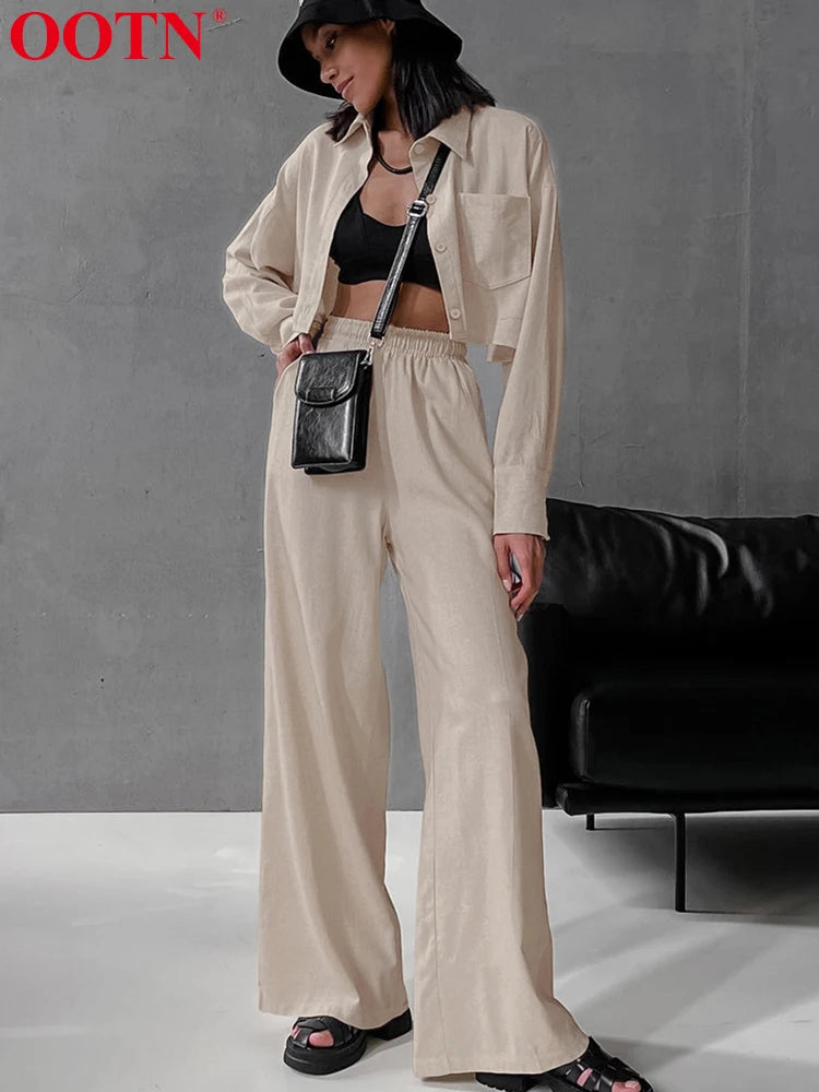 OOTN Cotton Linen Two Piece Sets Loose Long Sleeve Women Tops Khaki Elastic Waist Long Pants Suits Spring Casual Fashion