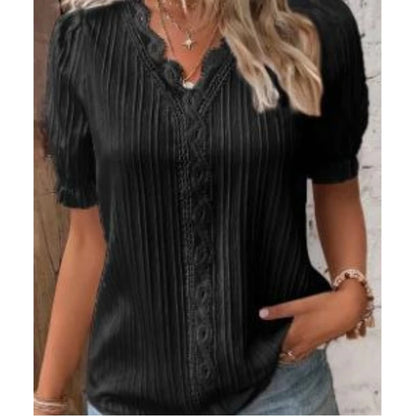 Camicetta elegante camicia solida pizzo 2023 moda estiva pullover a maniche corte cava Top camicia da ufficio da donna S-5XL