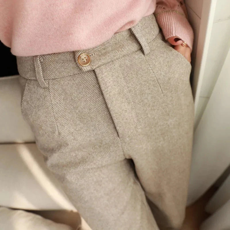 Woolen Pants Women Harem Pencil Pants Spring High Waist Pockets Suit Pants Office Lady Striped Zipper Trousers