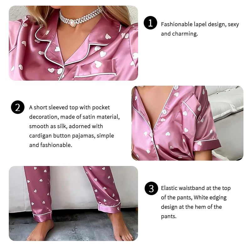 Women's Sleepwear Heart Print Satin Pajama Set Casual Short Sleeve Buttons Lapel Top & Pants Pajamas Soft Home Clothing Pyjamas