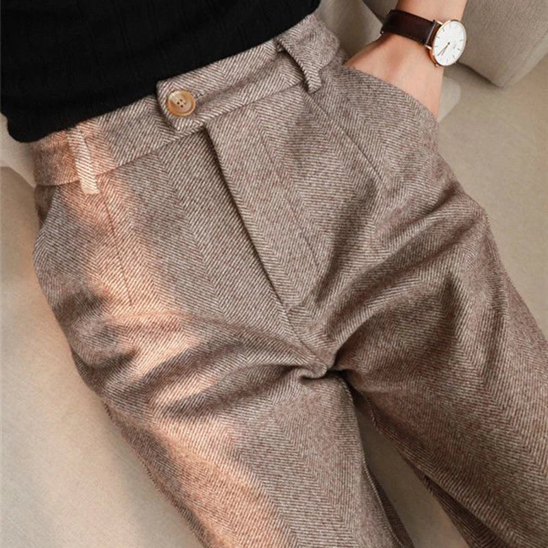 Woolen Pants Women Harem Pencil Pants Spring High Waist Pockets Suit Pants Office Lady Striped Zipper Trousers