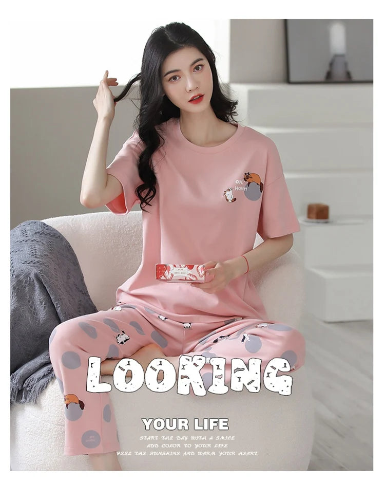 2024 Summer 100% Cotton Short Sleeve Long Pants Pajama Sets for Women Korean Cute Sleepwear Homewear Pijama Mujer Home Clothes