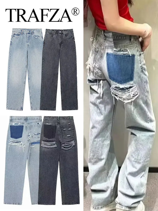 TRAFZA Jeans For Women 2024 Denim Solid Loose Zipper Fly Female Hole Trouser Pockets Wild Basic Commute Woman Wide Leg Long Pant