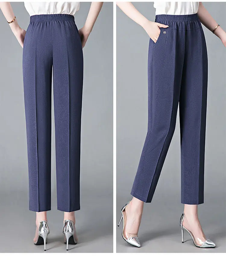 Vintage Loose Straight Pants Spring Summer Thin Women Streetwear Office Lady Casual Elastic High Waist Cropped Trousers 5XL