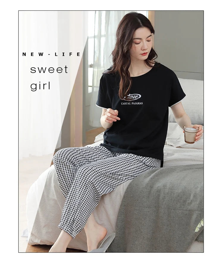 2024 Summer 100% Cotton Short Sleeve Long Pants Pajama Sets for Women Korean Cute Sleepwear Homewear Pijama Mujer Home Clothes