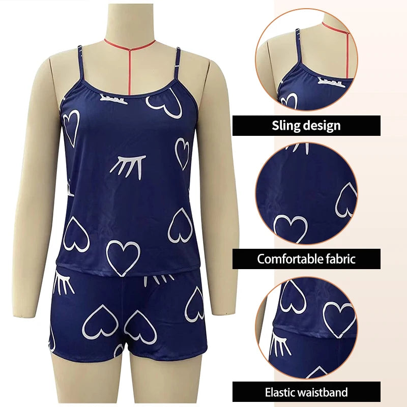 Two Piece Summer Sexy Camisole Printed Heart-Shaped Pajama Set for Women's Fashionable and Caring Home Casual Pajamas