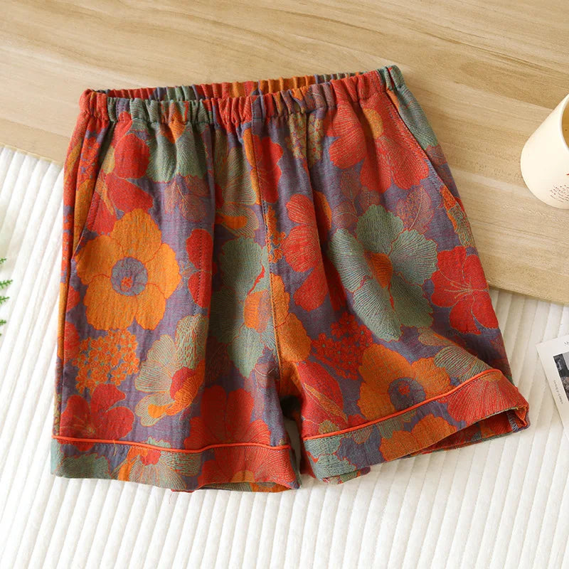 2024 New Summer Women's Pajamas 100% Cotton Shorts Yarn-dyed Jacquard Shorts Women's Loose Home Pants Thin Home Pants Pajamas