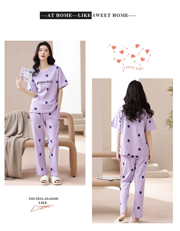 2024 Summer 100% Cotton Short Sleeve Long Pants Pajama Sets for Women Korean Cute Sleepwear Homewear Pijama Mujer Home Clothes