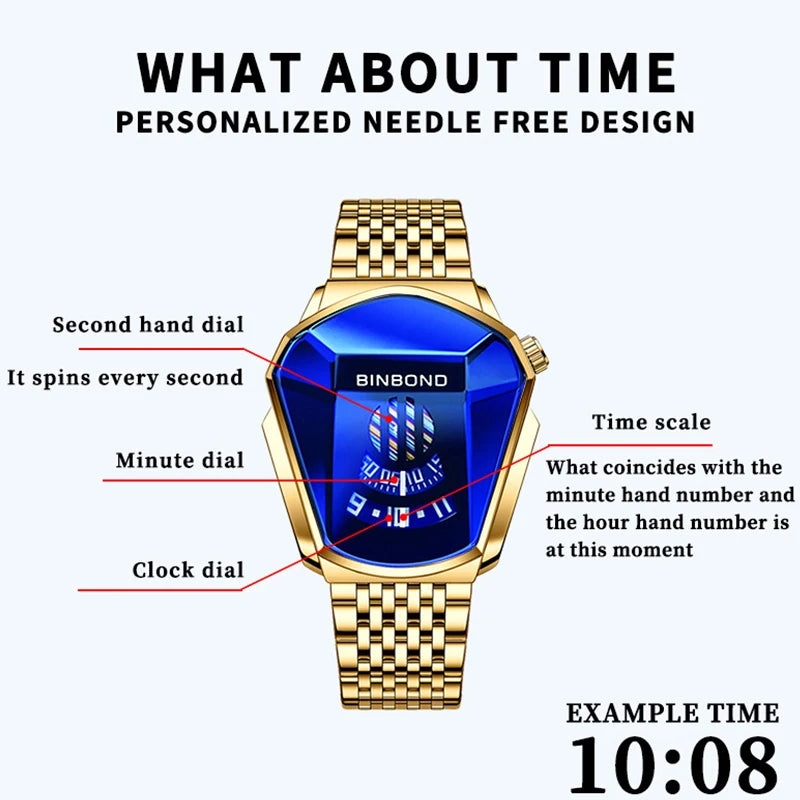 BINBOND Uomo Popolare Moda Moto Concept Orologio al quarzo Orologio luminoso con cinturino in acciaio a maglie Orologio touch screen con tecnologia nera