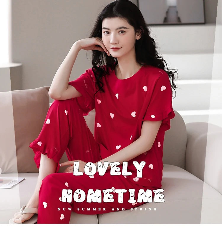 2024 Summer 100% Cotton Short Sleeve Long Pants Pajama Sets for Women Korean Cute Sleepwear Homewear Pijama Mujer Home Clothes