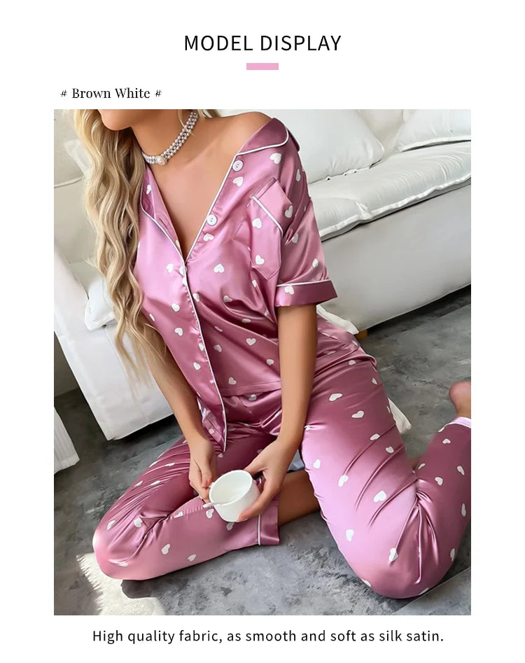 Women's Sleepwear Heart Print Satin Pajama Set Casual Short Sleeve Buttons Lapel Top & Pants Pajamas Soft Home Clothing Pyjamas