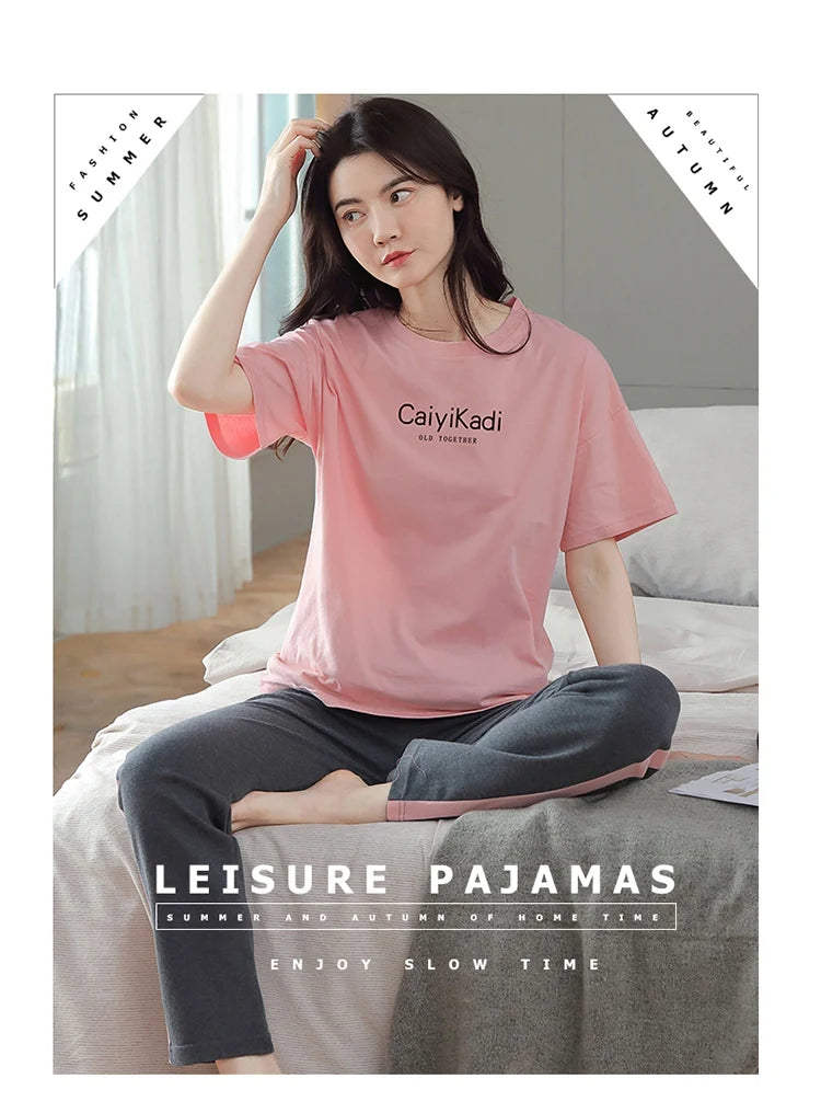 2024 Summer 100% Cotton Short Sleeve Long Pants Pajama Sets for Women Korean Cute Sleepwear Homewear Pijama Mujer Home Clothes