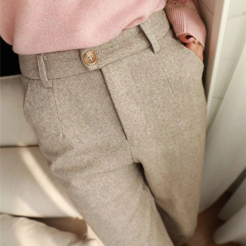 Woolen Pants Women Harem Pencil Pants Spring High Waist Pockets Suit Pants Office Lady Striped Zipper Trousers