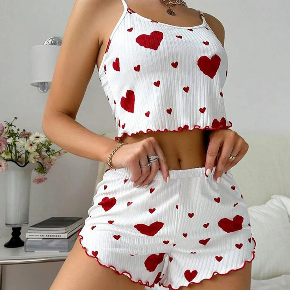 Women's Summer 2PCS Pajama Set Sling Vest with Shorts 2025 Newly Love Heart Print Spaghetti Strap Camisole Sleepwear for Girls